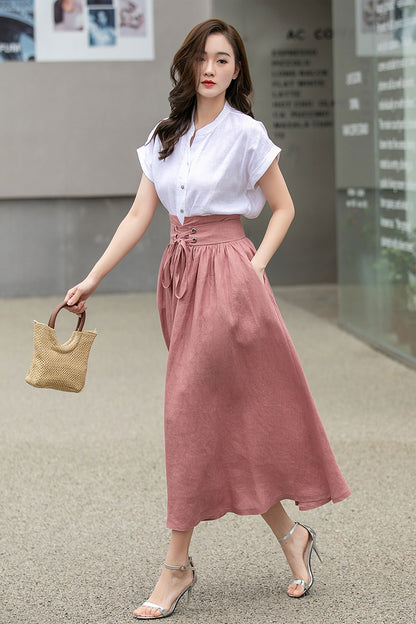 Blush Pink Linen Swing Skirt - High Waist with Pockets 4261
