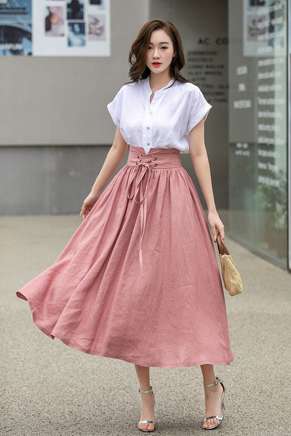 Blush Pink Linen Swing Skirt - High Waist with Pockets 4261