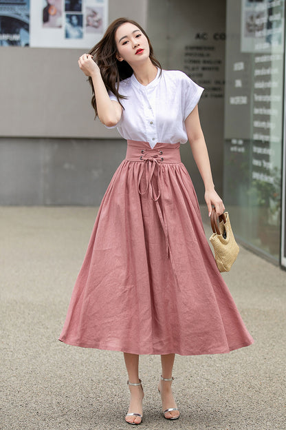 Blush Pink Linen Swing Skirt - High Waist with Pockets 4261