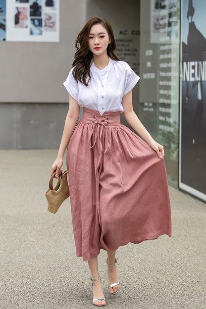 Blush Pink Linen Swing Skirt - High Waist with Pockets 4261