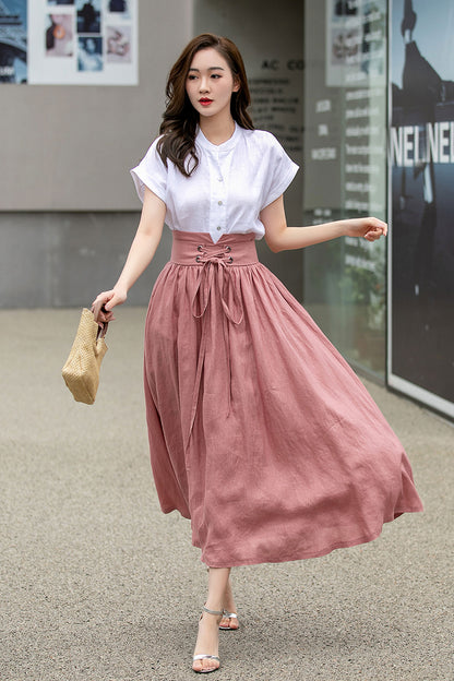 Blush Pink Linen Swing Skirt - High Waist with Pockets 4261