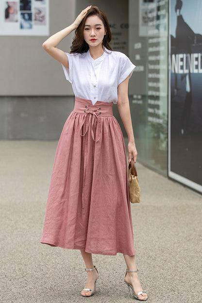 Blush Pink Linen Swing Skirt - High Waist with Pockets 4261