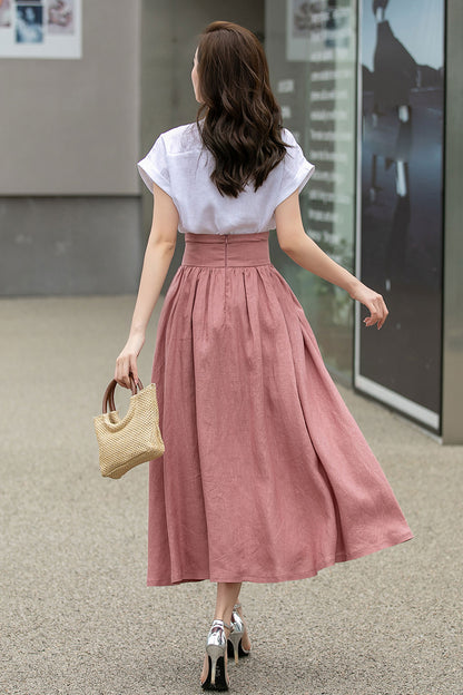 Blush Pink Linen Swing Skirt - High Waist with Pockets 4261