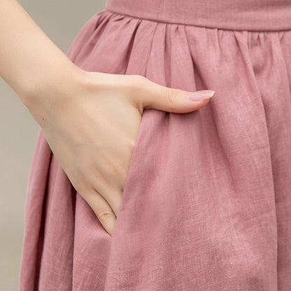 Blush Pink Linen Swing Skirt - High Waist with Pockets 4261