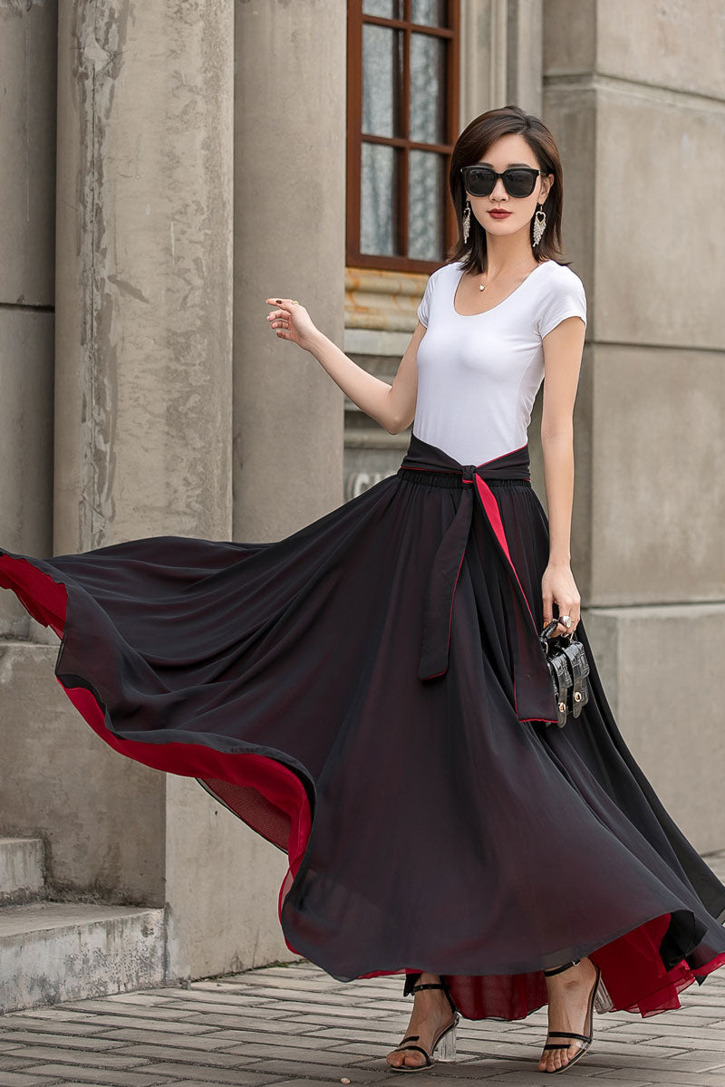 Women Black Chiffon Long Maxi Skirt 2714,Size L CK2201606