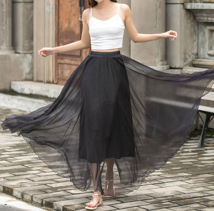 Black Chiffon Maxi Skirt - Elastic Waist, Circle Flowy Silhouette 3692