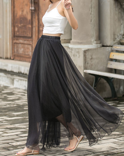 Black Chiffon Maxi Skirt - Elastic Waist, Circle Flowy Silhouette 3692