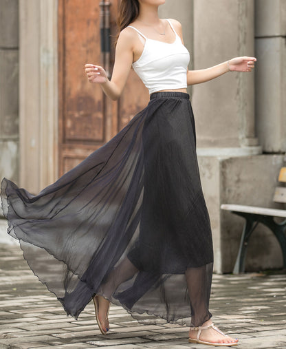 Black Chiffon Maxi Skirt - Elastic Waist, Circle Flowy Silhouette 3692