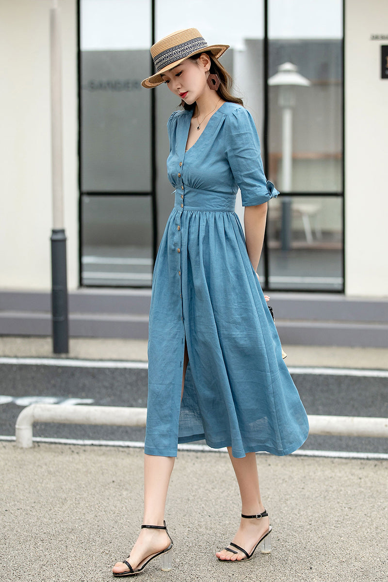 Blue Linen Midi Dress with Deep V-Neck and Button-Down Front – Xiaolizi
