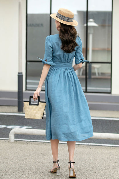 Blue Linen Midi Dress - Deep V-Neck, Button-Down Fit 4265