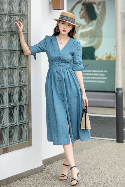 Blue Linen Midi Dress - Deep V-Neck, Button-Down Fit 4265