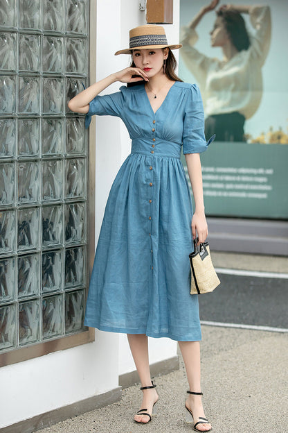 Blue Linen Midi Dress - Deep V-Neck, Button-Down Fit 4265