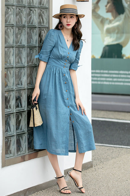 Blue Linen Midi Dress - Deep V-Neck, Button-Down Fit 4265