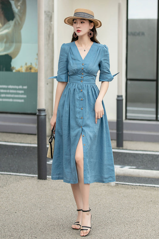 Women's summer Deep V- neck button down Linen midi dress 4265