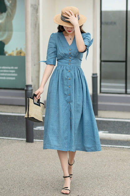 Blue Linen Midi Dress - Deep V-Neck, Button-Down Fit 4265