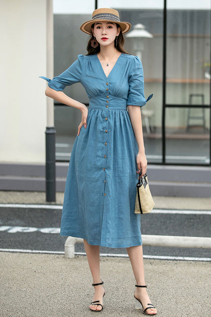 Women's summer Deep V- neck button down Linen midi dress 4265