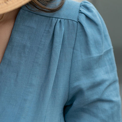 Blue Linen Midi Dress - Deep V-Neck, Button-Down Fit 4265