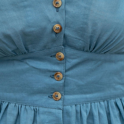 Blue Linen Midi Dress - Deep V-Neck, Button-Down Fit 4265