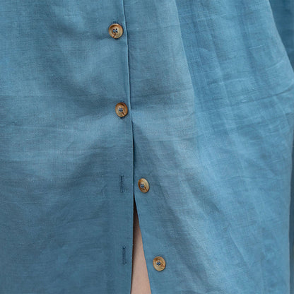 Blue Linen Midi Dress - Deep V-Neck, Button-Down Fit 4265