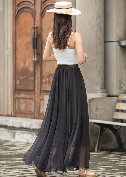 Black Chiffon Maxi Skirt - Elastic Waist, Circle Flowy Silhouette 3692