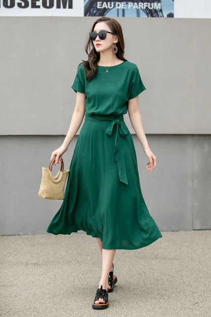 Emerald Green Linen Cotton Midi Dress - Fit & Flare Puffy Sleeves | Xiaolizi 4272