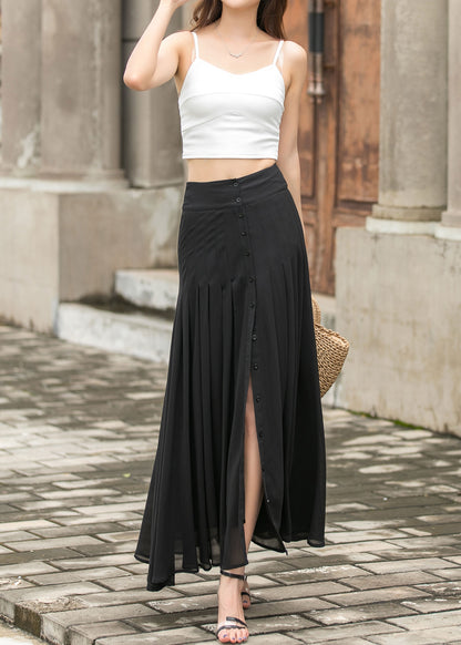 Black Chiffon Maxi Skirt - Pleated A-Line with Button Front Slit 3693