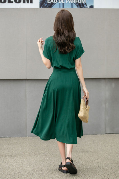 Emerald Green Linen Cotton Midi Dress - Fit & Flare Puffy Sleeves | Xiaolizi 4272