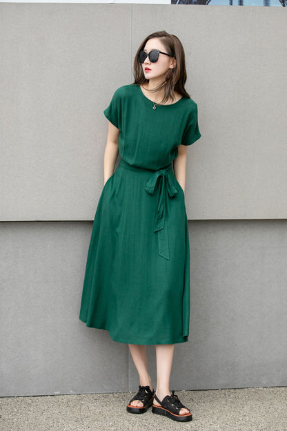 Emerald Green Linen Cotton Midi Dress - Fit & Flare Puffy Sleeves | Xiaolizi 4272