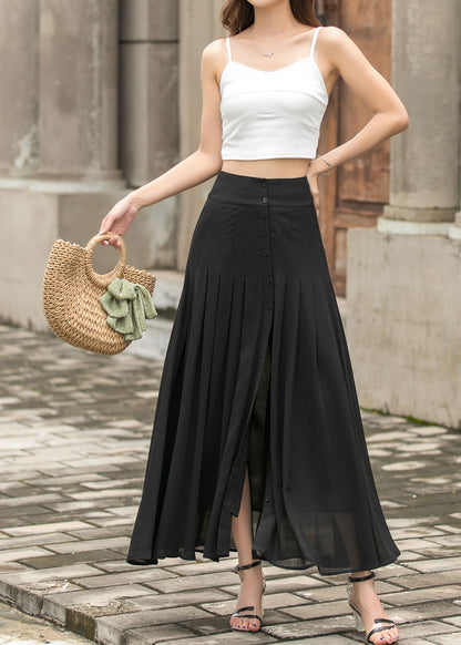 Black Chiffon Maxi Skirt - Pleated A-Line with Button Front Slit 3693