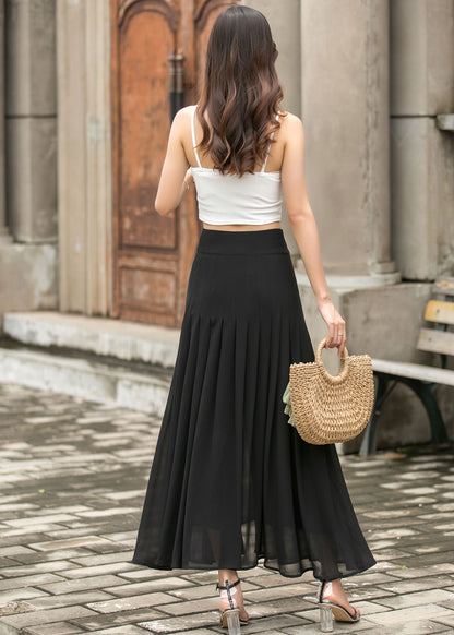 Black Chiffon Maxi Skirt - Pleated A-Line with Button Front Slit 3693