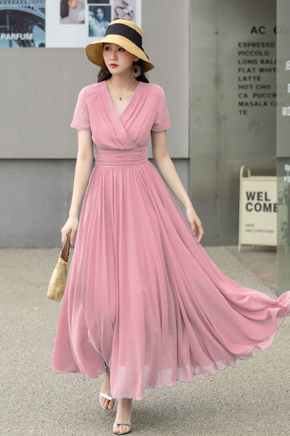 Pink Chiffon Maxi Dress - Flowy Empire Waist V-Neck 6026