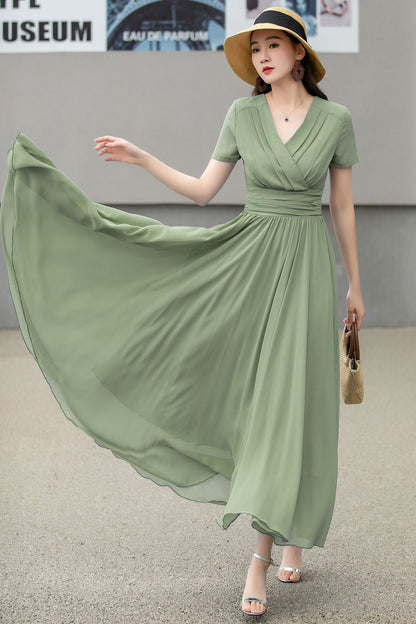 Chiffon Olive Green V-Neck Maxi Dress 6027