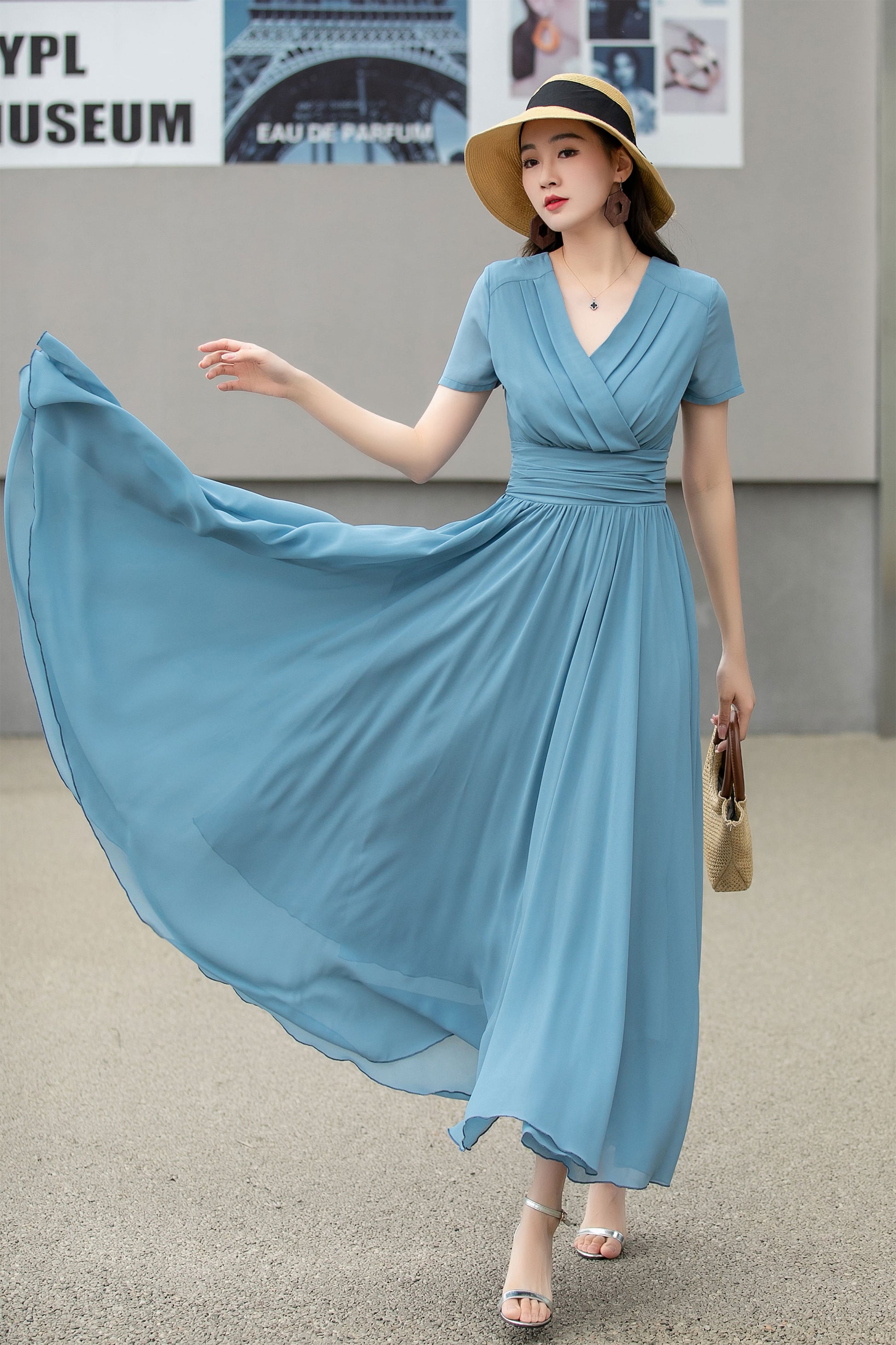 Blue Chiffon Empire Waist Midi Dress - Lined & Elegant | Xiaolizi Blue Chiffon Empire Waist Midi Dress - Lined & Elegant | Xiaolizi