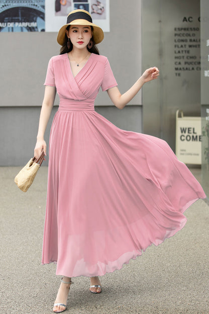Pink Chiffon Maxi Dress - Flowy Empire Waist V-Neck 6026