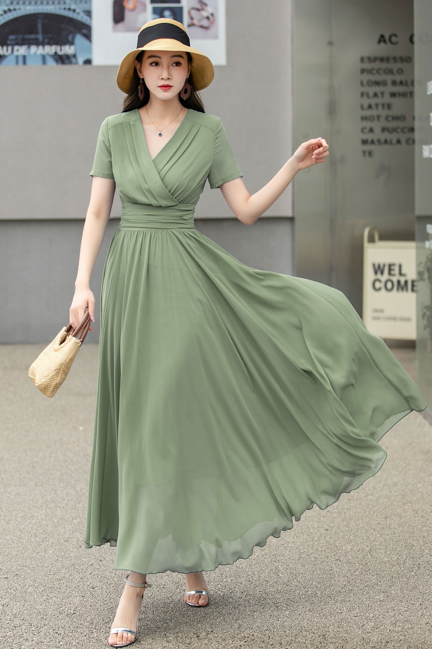 Chiffon Olive Green V-Neck Maxi Dress 6027