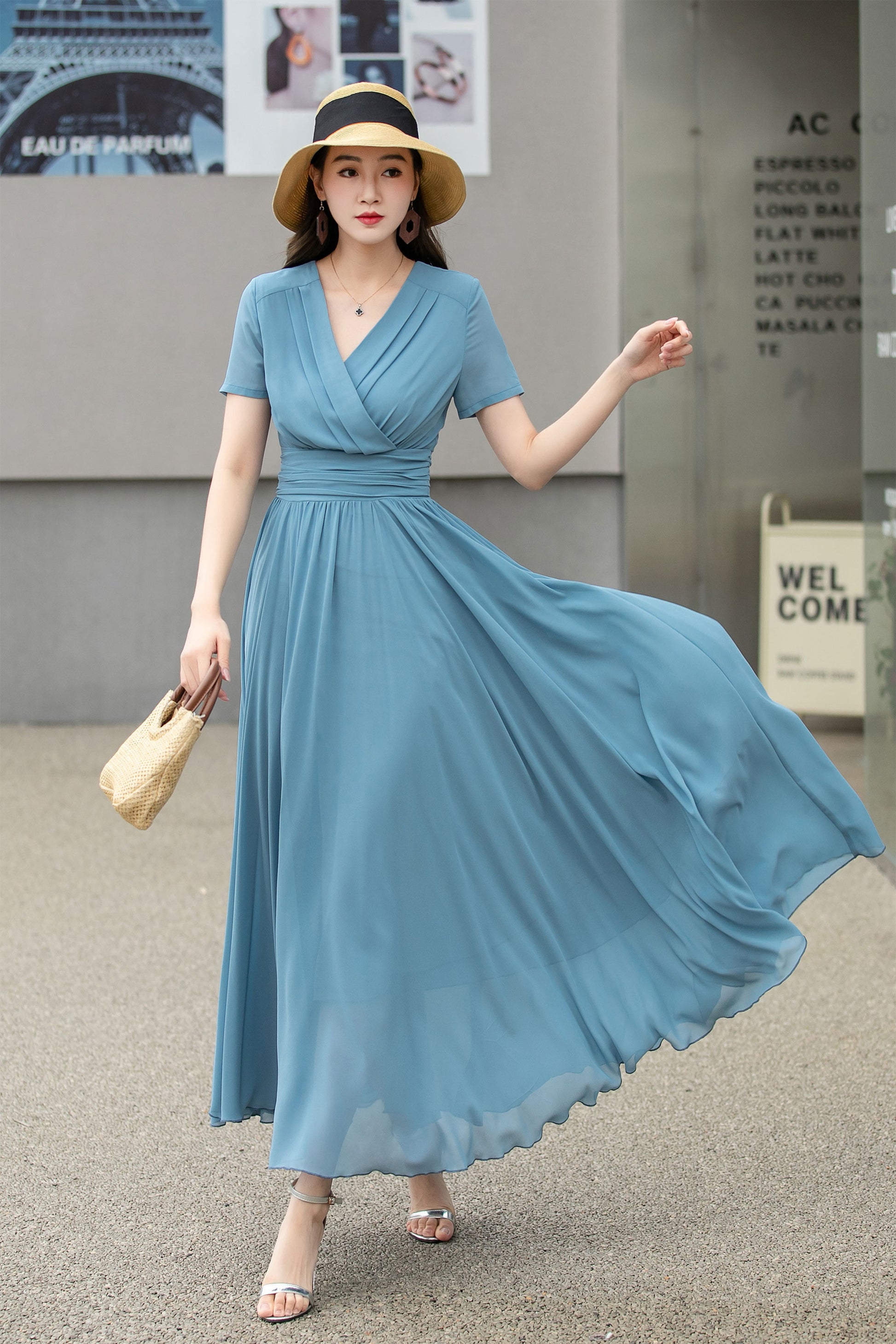 Blue Chiffon Empire Waist Midi Dress - Lined Short Sleeve | Xiaolizi 4266 - Blue / XS Blue Chiffon Empire Waist Midi Dress - Lined Short Sleeve | Xiaolizi 4266 - Blue / XS