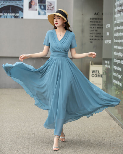 Blue Chiffon Empire Waist Midi Dress - Lined Short Sleeve | Xiaolizi 4266