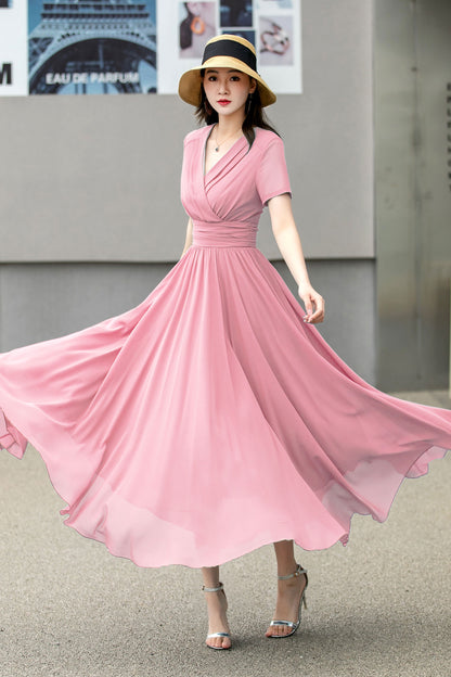 Pink Chiffon Maxi Dress - Flowy Empire Waist V-Neck 6026