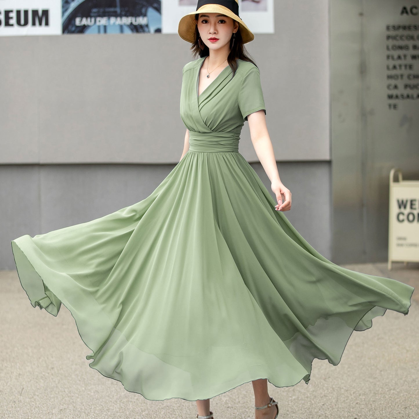 Chiffon Olive Green V-Neck Maxi Dress 6027
