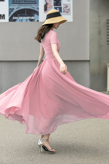 Pink Chiffon Maxi Dress - Flowy Empire Waist V-Neck 6026