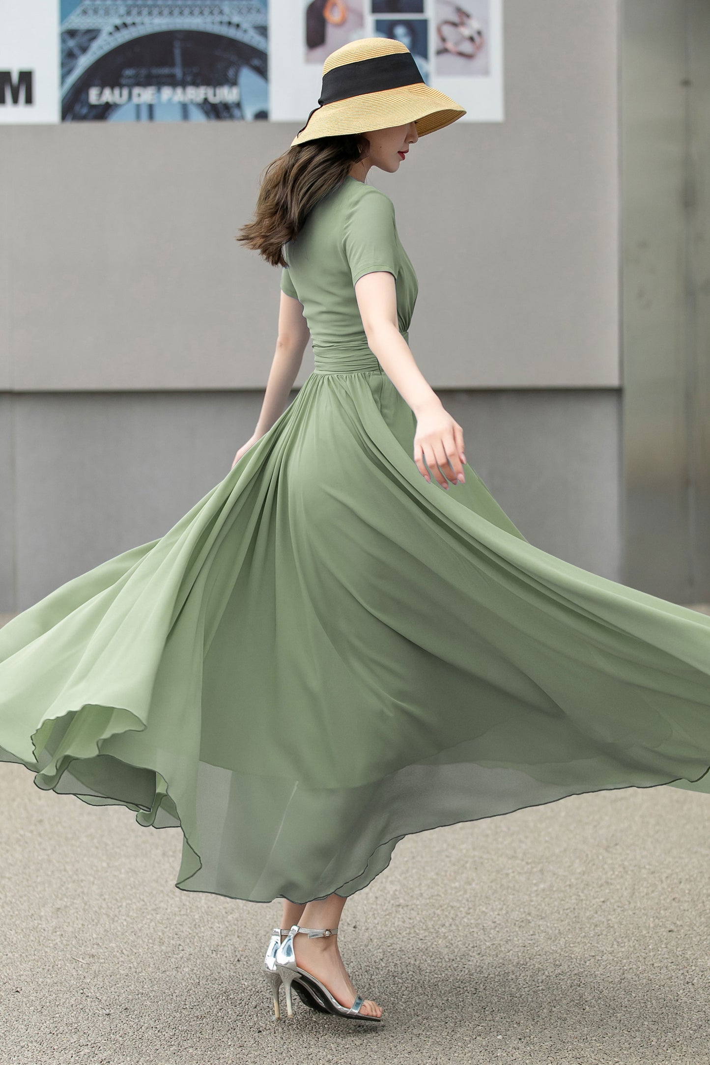 Chiffon Olive Green V-Neck Maxi Dress 6027