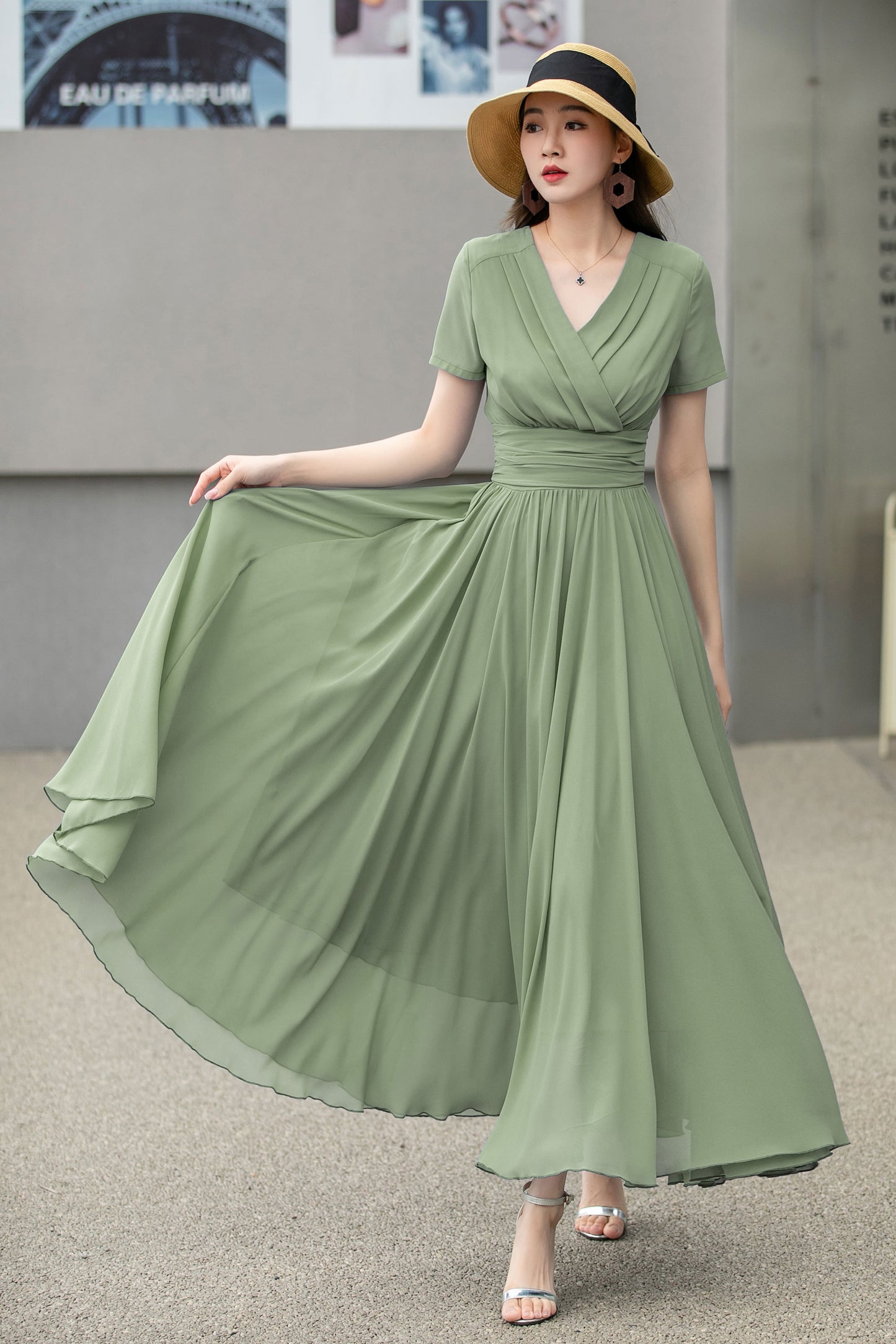 Chiffon Olive Green V-Neck Maxi Dress 6027