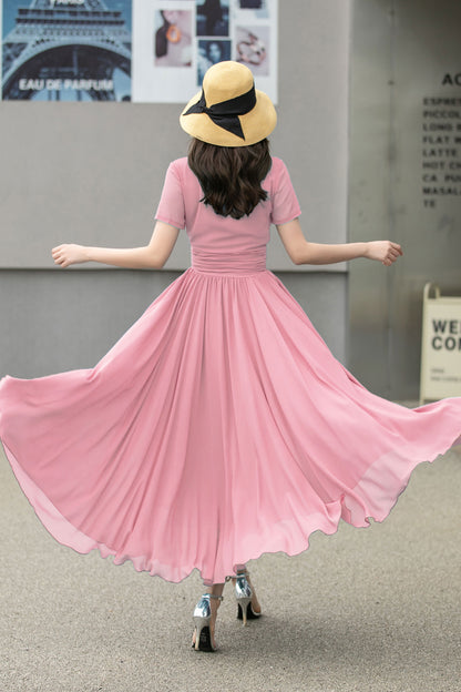Pink Chiffon Maxi Dress - Flowy Empire Waist V-Neck 6026