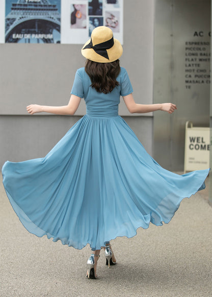 Blue Chiffon Empire Waist Midi Dress - Lined Short Sleeve | Xiaolizi 4266