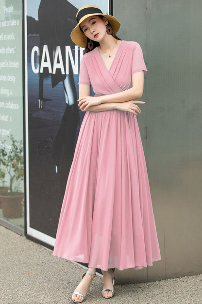 Pink Chiffon Maxi Dress - Flowy Empire Waist V-Neck 6026