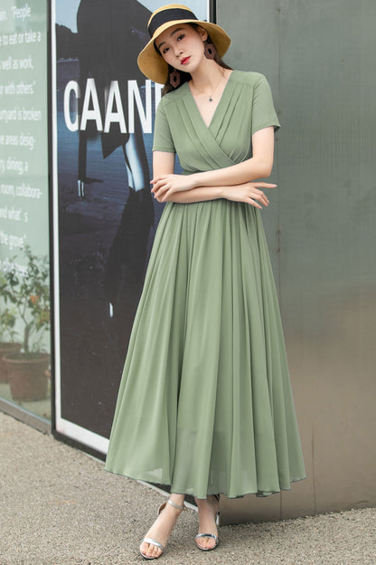 Chiffon Olive Green V-Neck Maxi Dress 6027