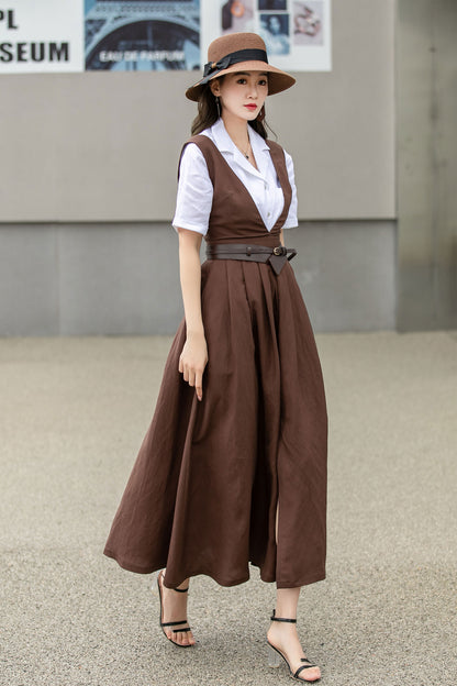 Brown Linen Dress - Pinafore Apron with Flared Skirt 4268