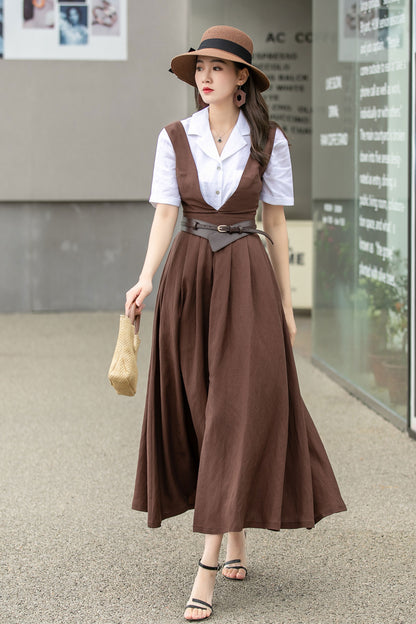 Brown Linen Dress - Pinafore Apron with Flared Skirt 4268
