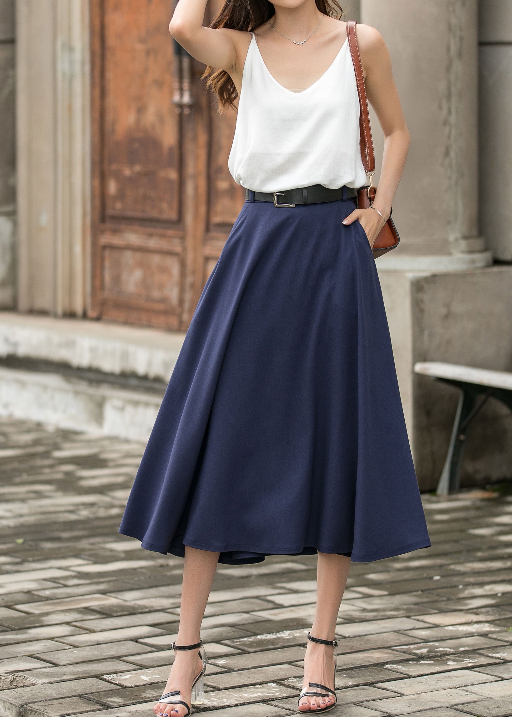 navy blue dress skirt Navy Linen Cotton A-Line Skirt - Ankle Length with Side Pockets 3696