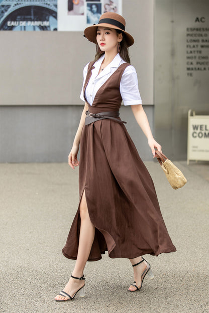 Brown Linen Dress - Pinafore Apron with Flared Skirt 4268